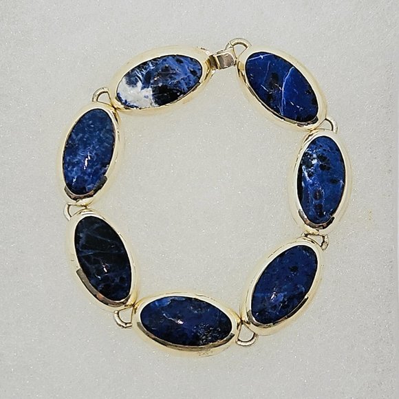 Vintage Mexico C-11 Sodalite Modernist Style 925 Sterling Silver Bracelet - Picture 4 of 9